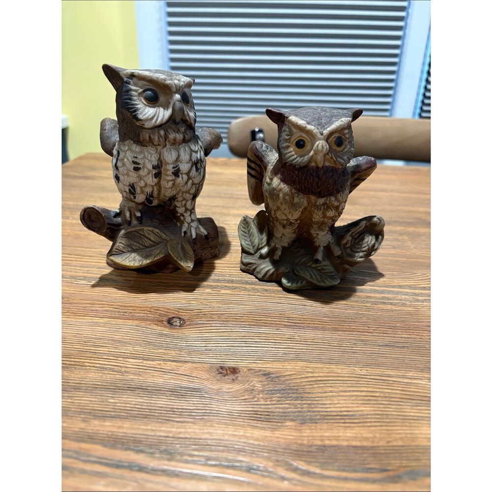Vintage 1970’s Brown & Cream Owl Pair Figurines Tabletop Accent
